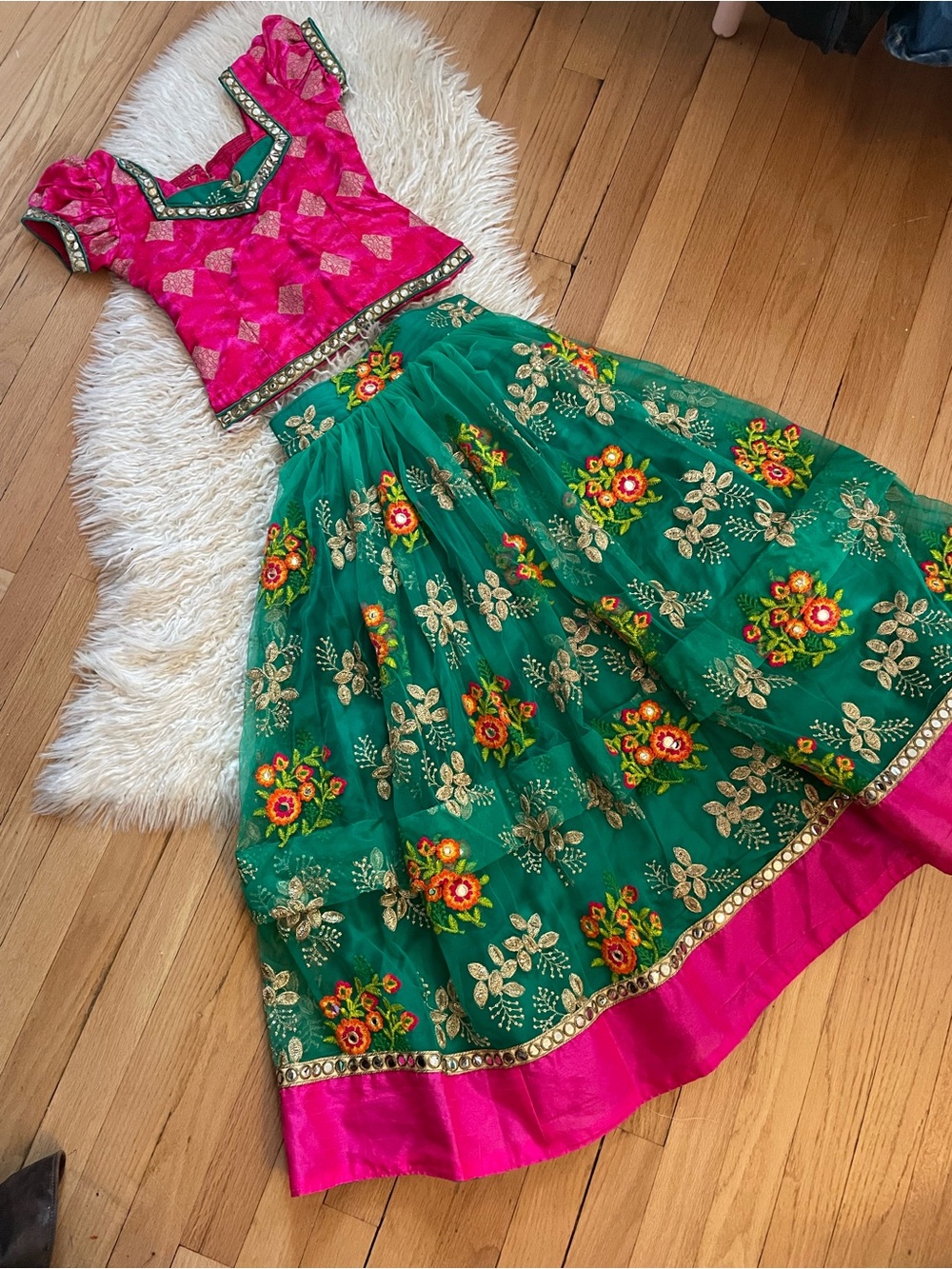 Girls' Green & Pink Embroidered Lehenga Set